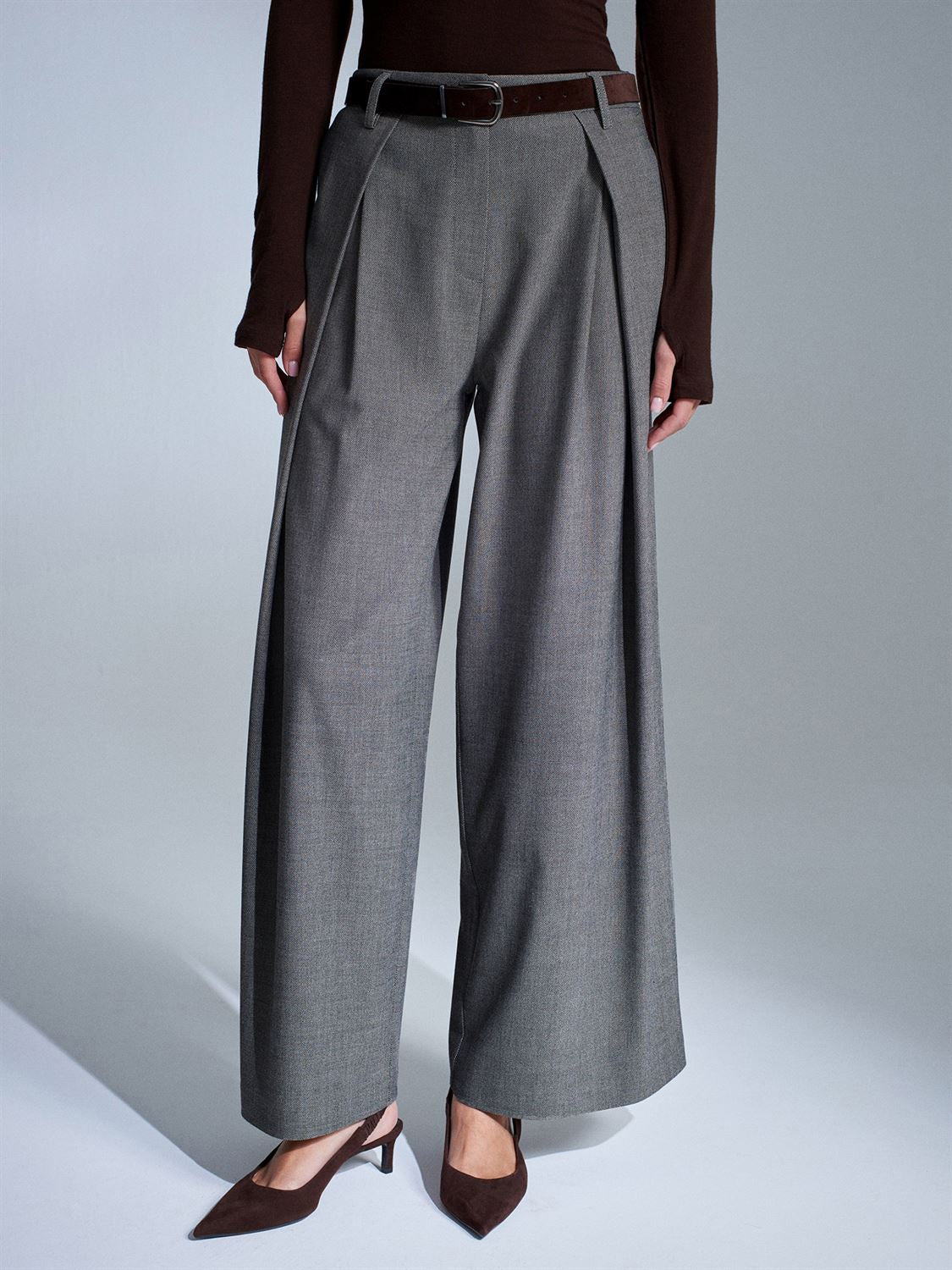 Wide Trousers with Brown Belt
