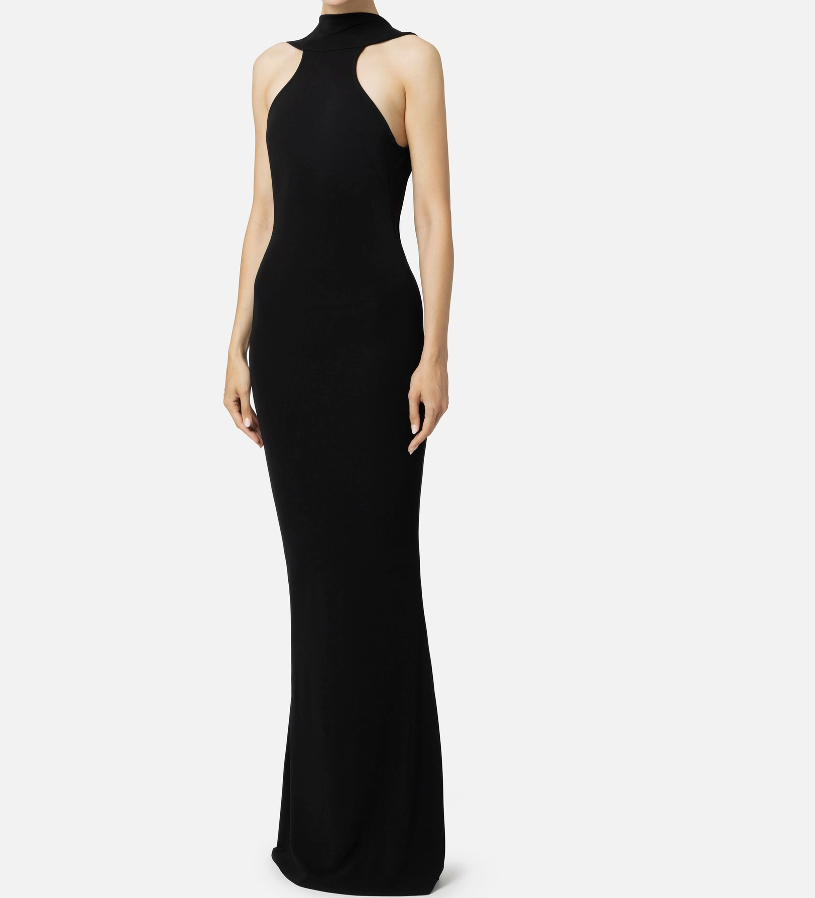 Red carpet dress in jersey with necklace on the back