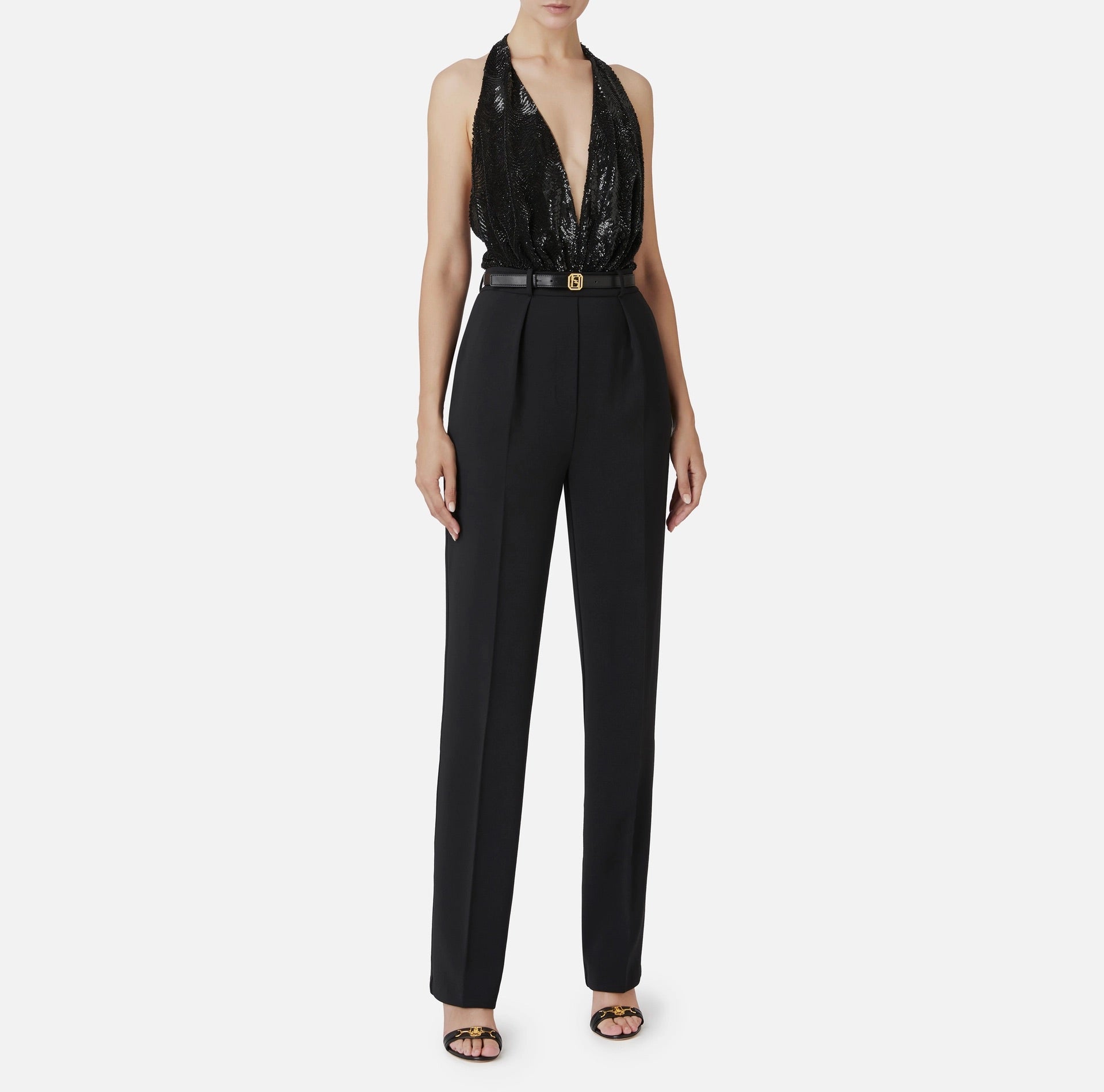 Jumpsuit in crêpe and tulle fabric embroidered with sequins