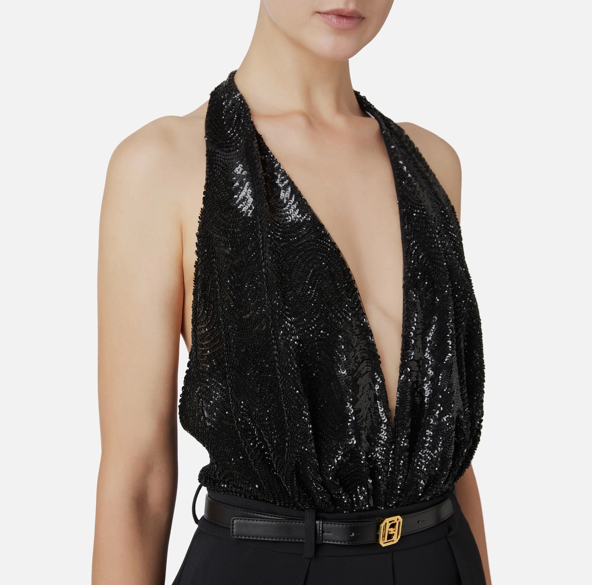 Jumpsuit in crêpe and tulle fabric embroidered with sequins