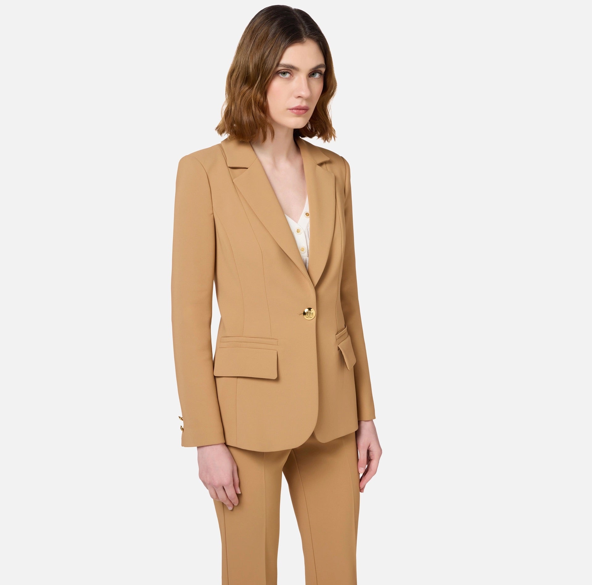 Stretch crêpe suit with fitted jacket and straight trousers