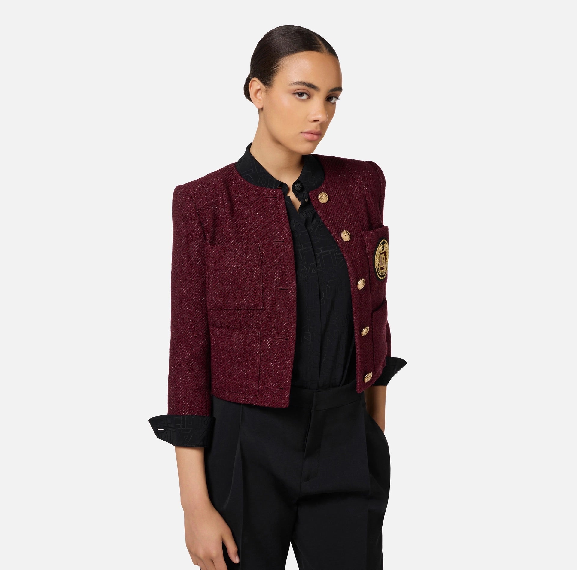 Laminated tweed cropped jacket with pockets