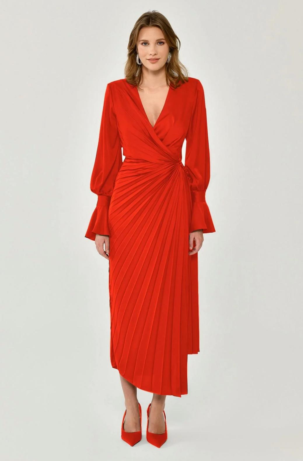 Red Plisse Midi Dress