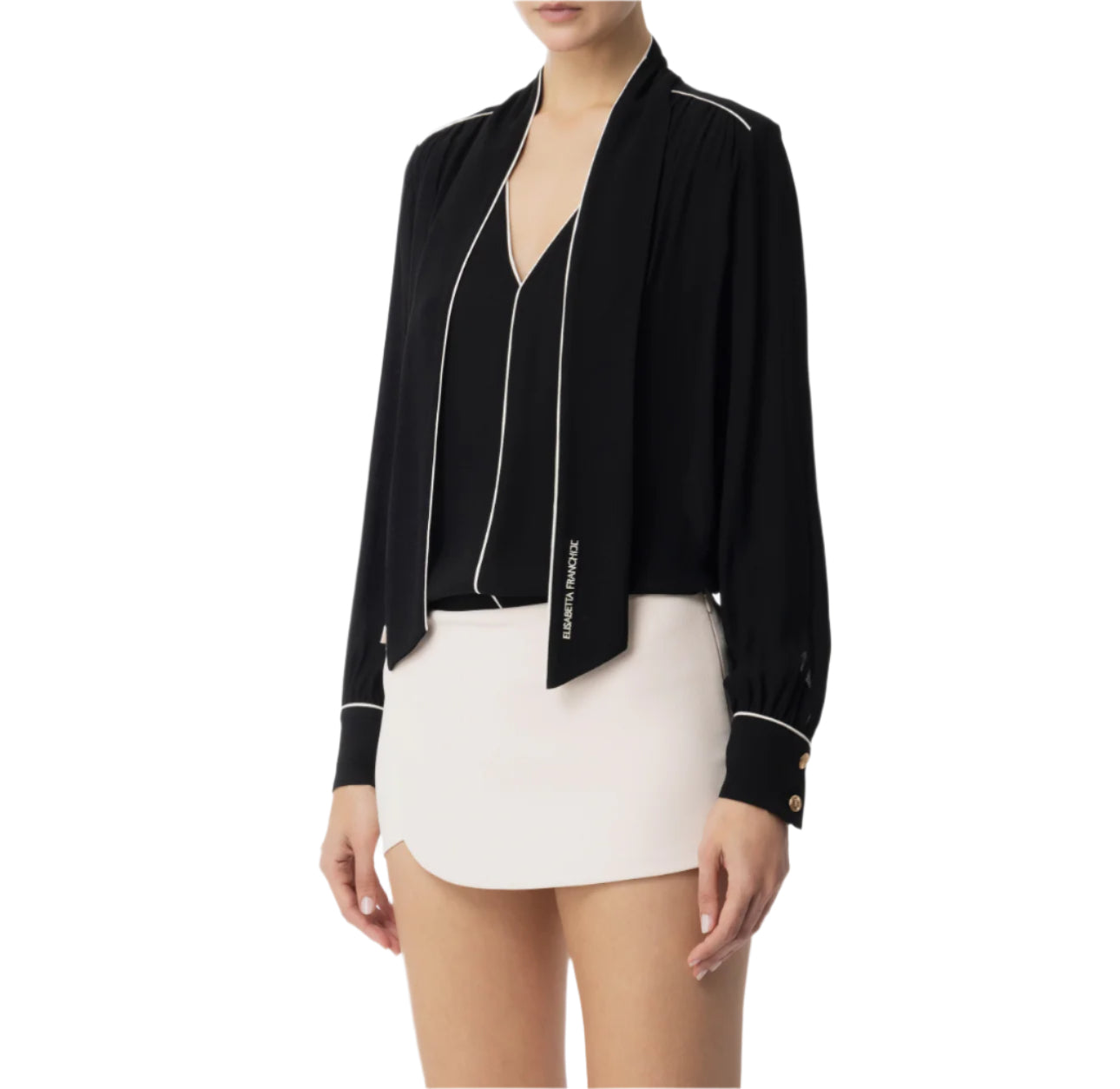 Tie-neck blouse in georgette fabric with piping