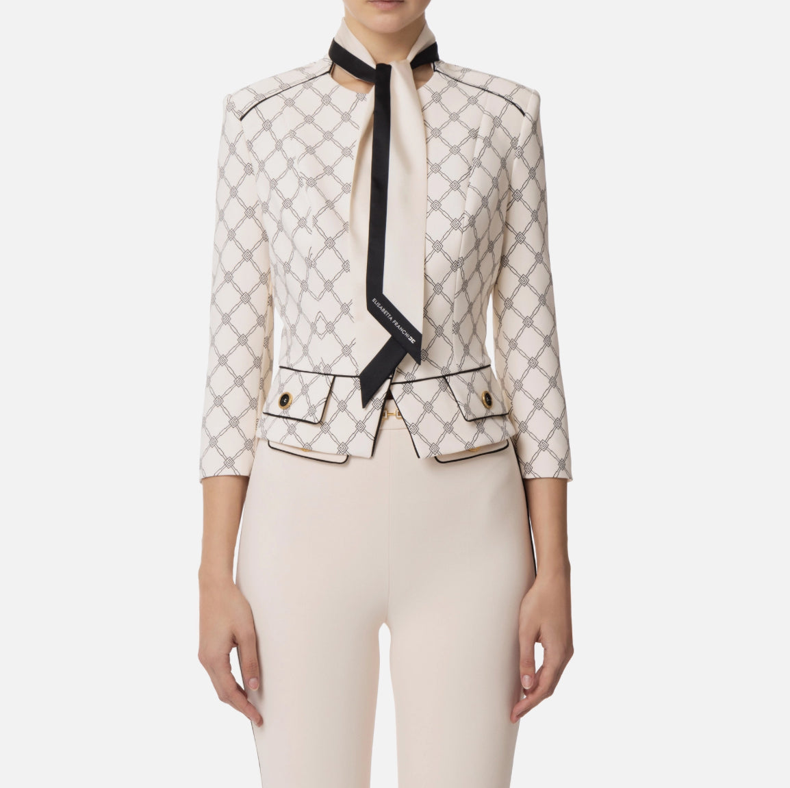 Jacket in printed stretch crêpe fabric with removable foulard scarf