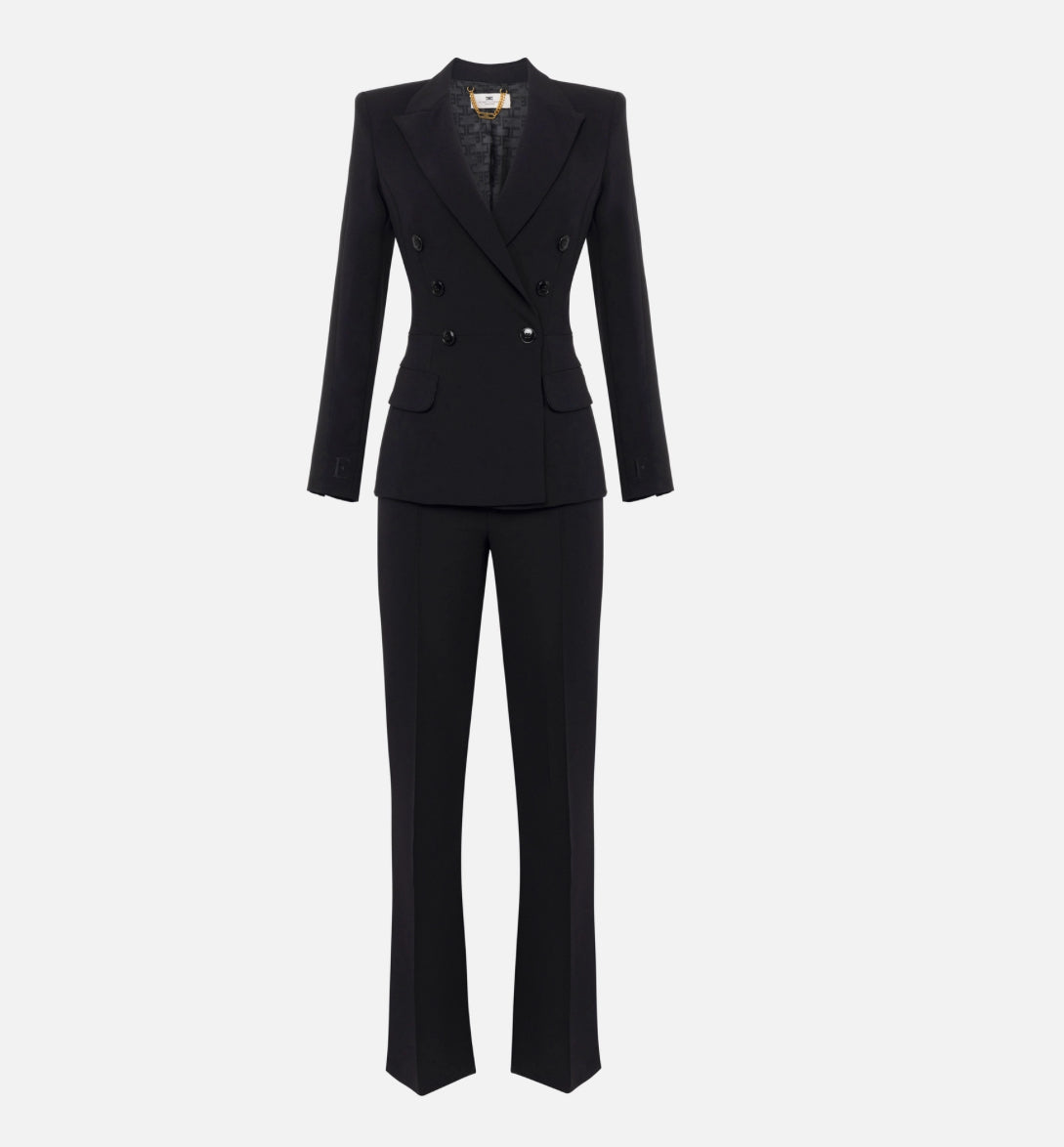 Crêpe double-breasted women’s suit with satin bands