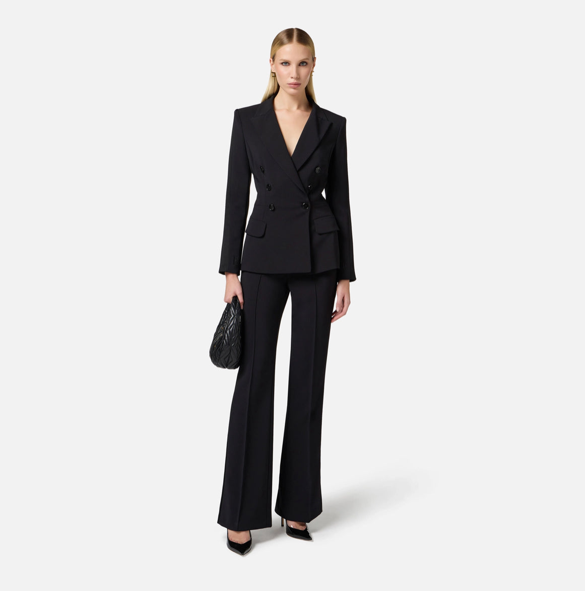 Crêpe double-breasted women’s suit with satin bands