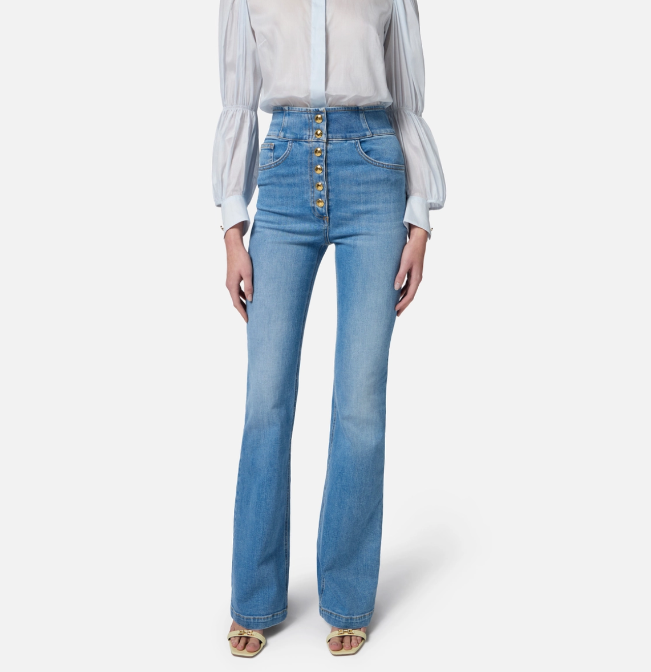 High-waist jeans with logo buttons