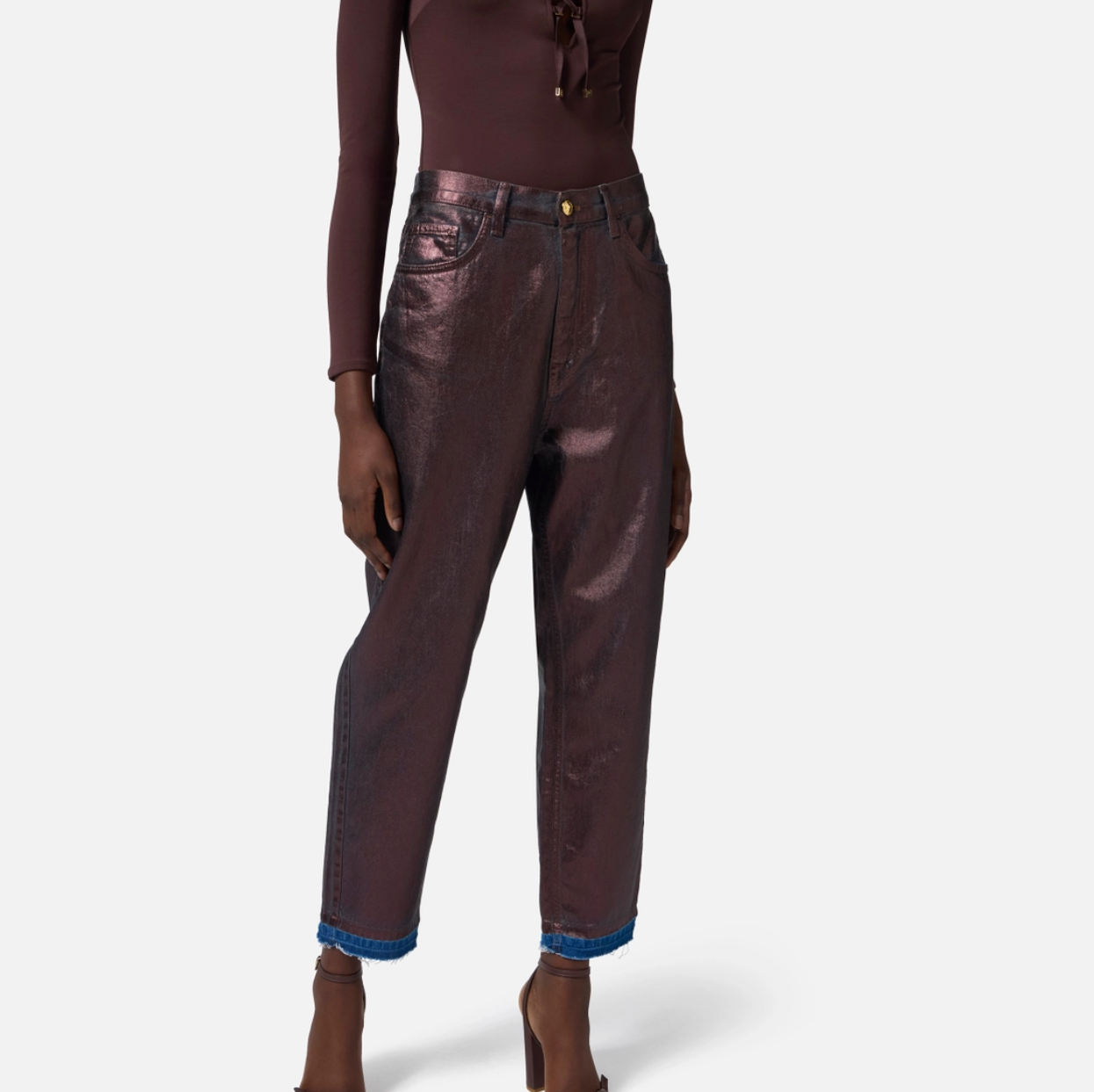Laminated cotton denim baggy trousers