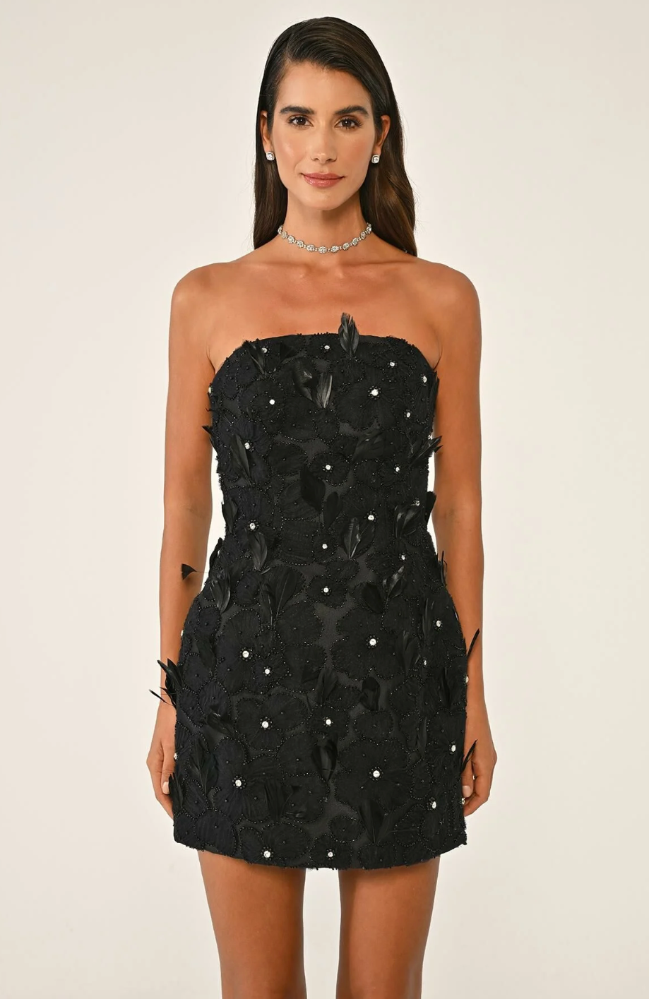 Strapless Feathered Floral Accessory Crepe Short Dress