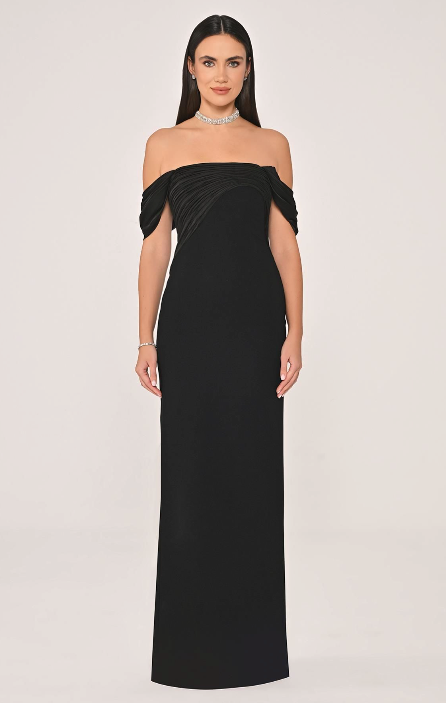 Off Shoulder Satin Collar Crepe Long Dress