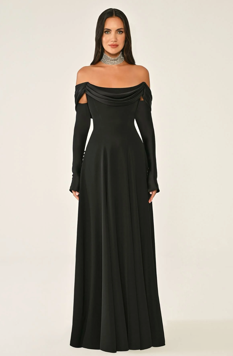 Off Shoulder Sleeves Satin Crepe Long Dress