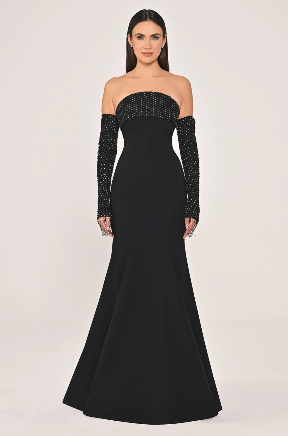 Strapless Neck and Sleeve Stoned Net Crepe Long Dress