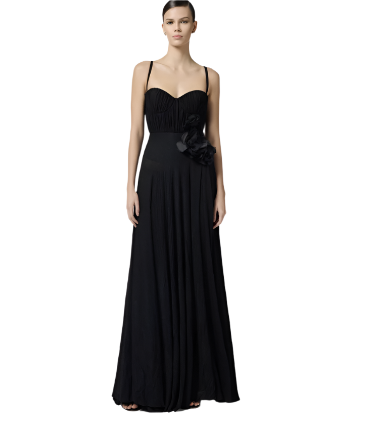 Red Carpet dress made of lurex jersey fabric with embroidered flower