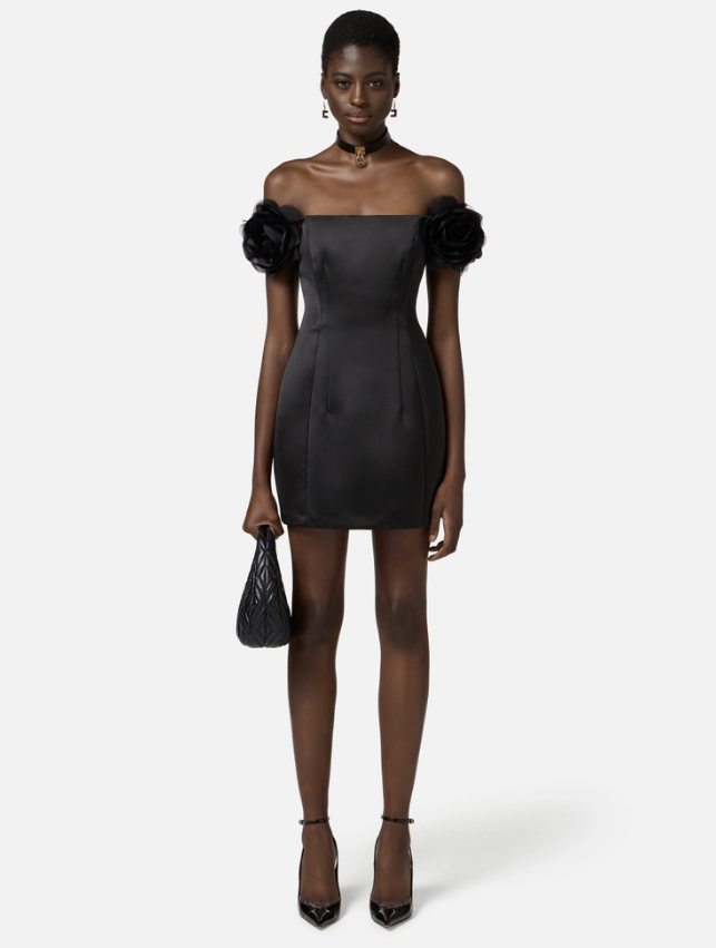 Dress in duchesse satin with applied flower