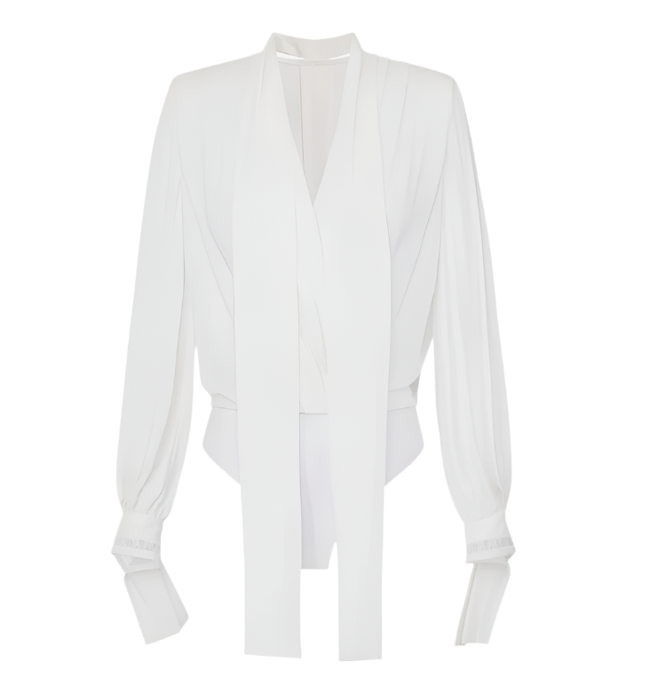 Tie-neck bodysuit-style blouse in georgette fabric with embroideries