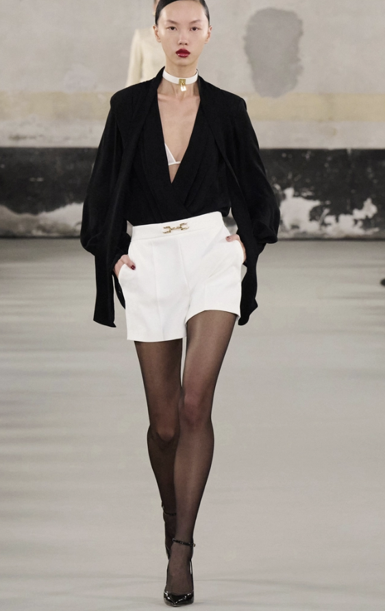 Tie-neck bodysuit-style blouse in georgette fabric with embroideries