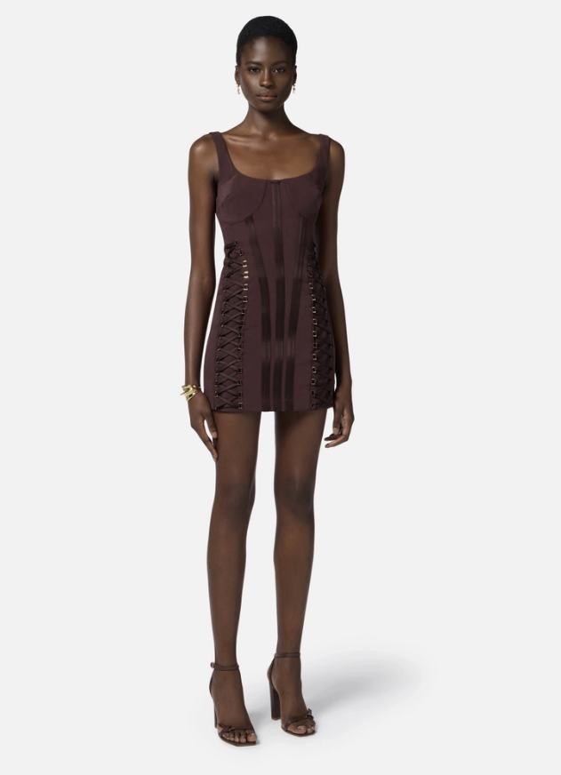 Dress in stretch crêpe fabric with crossover laces