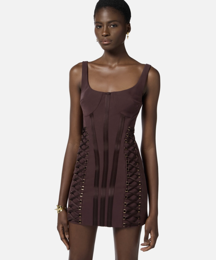 Dress in stretch crêpe fabric with crossover laces