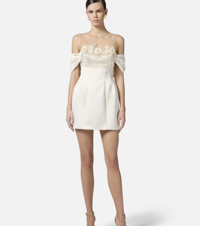 Dress in duchesse satin and tulle with floral embroideries