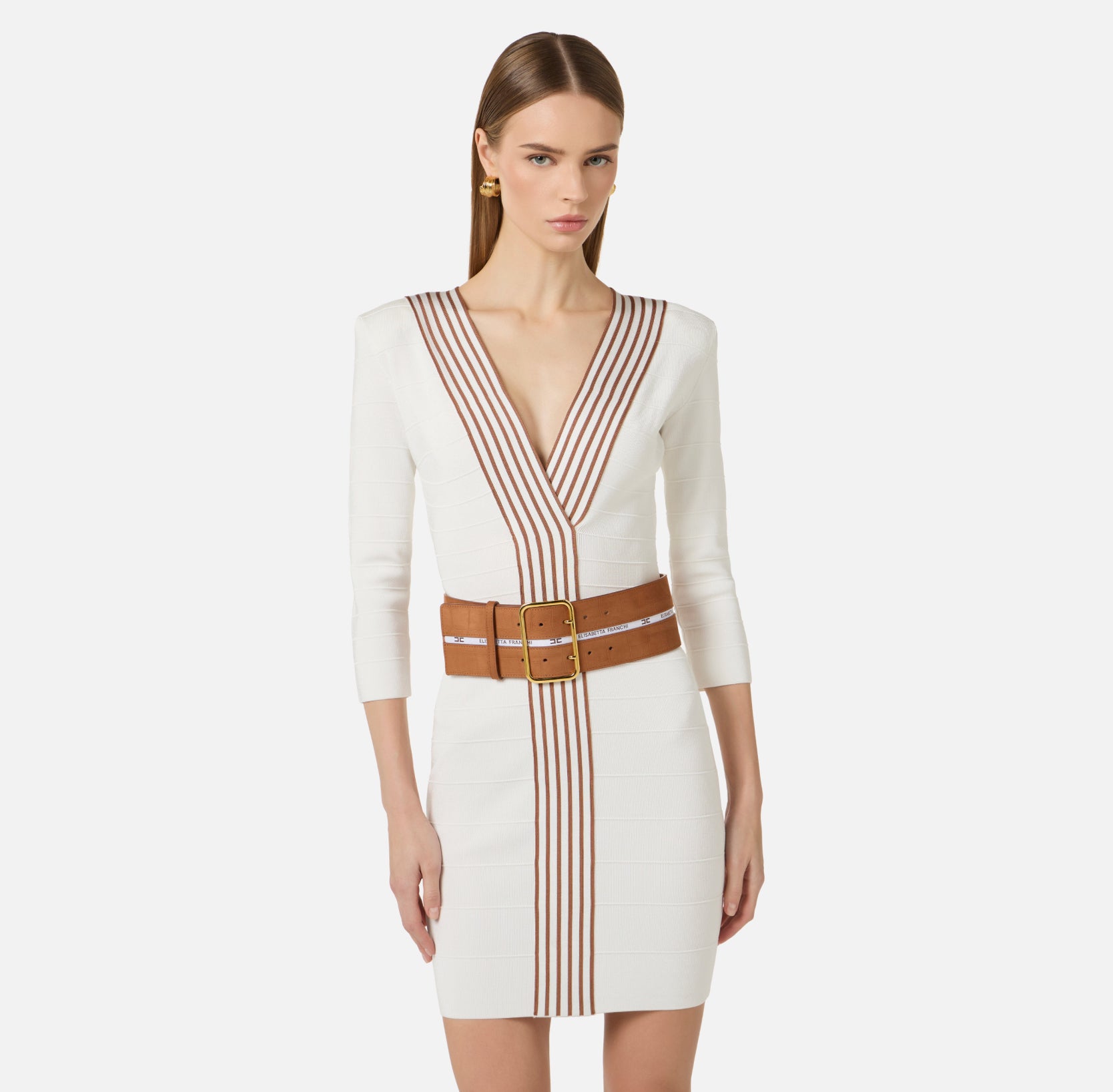 Knit fabric dress with striped bands