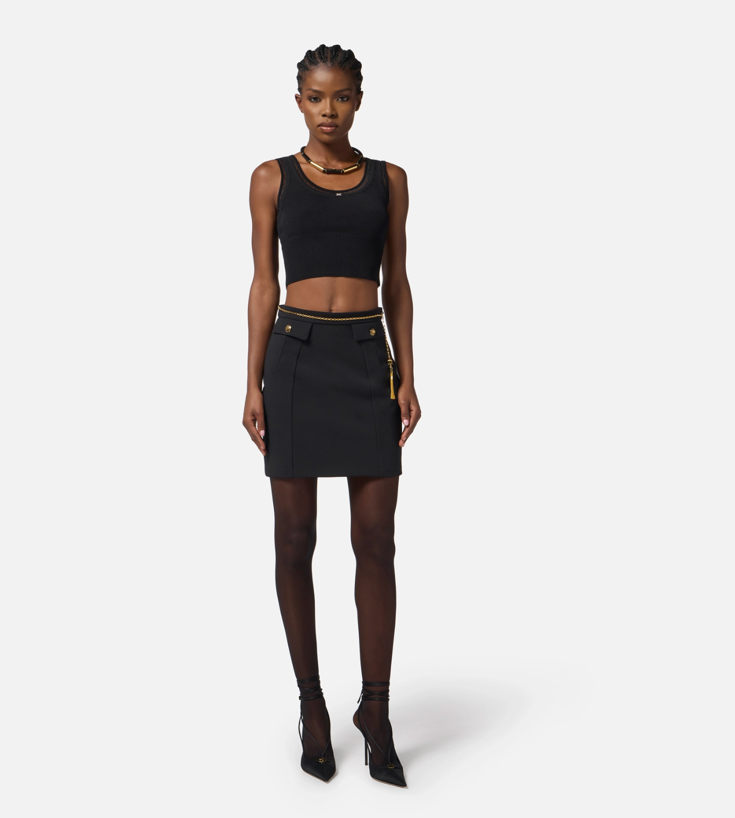 Skirt in double-layer crêpe fabric with jewel chain