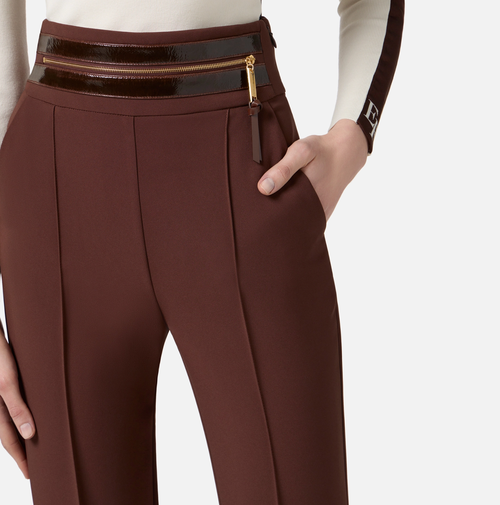 Trousers in lightweight crêpe fabric with crackled leather-effect waistband