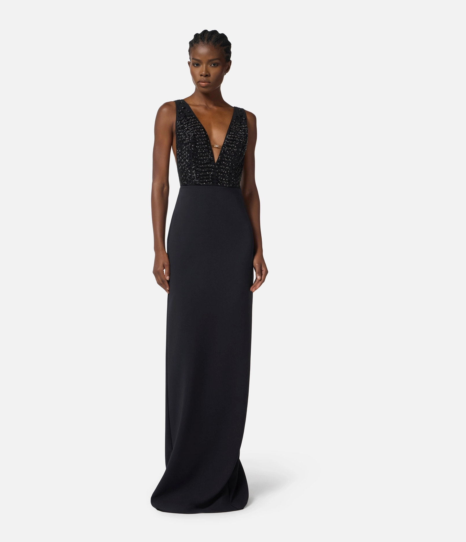 Red Carpet dress in georgette and crêpe fabrics with crystals