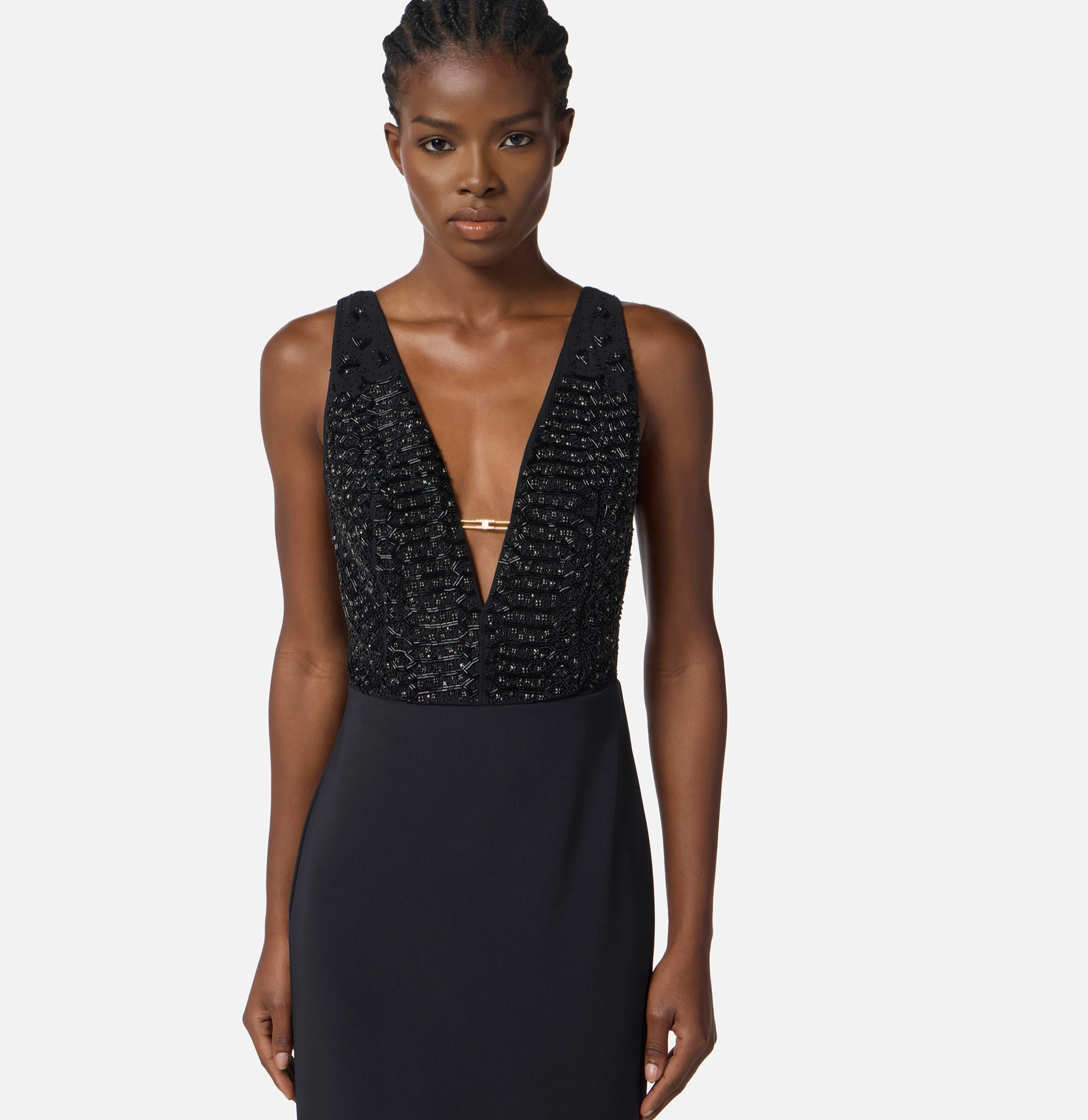 Red Carpet dress in georgette and crêpe fabrics with crystals