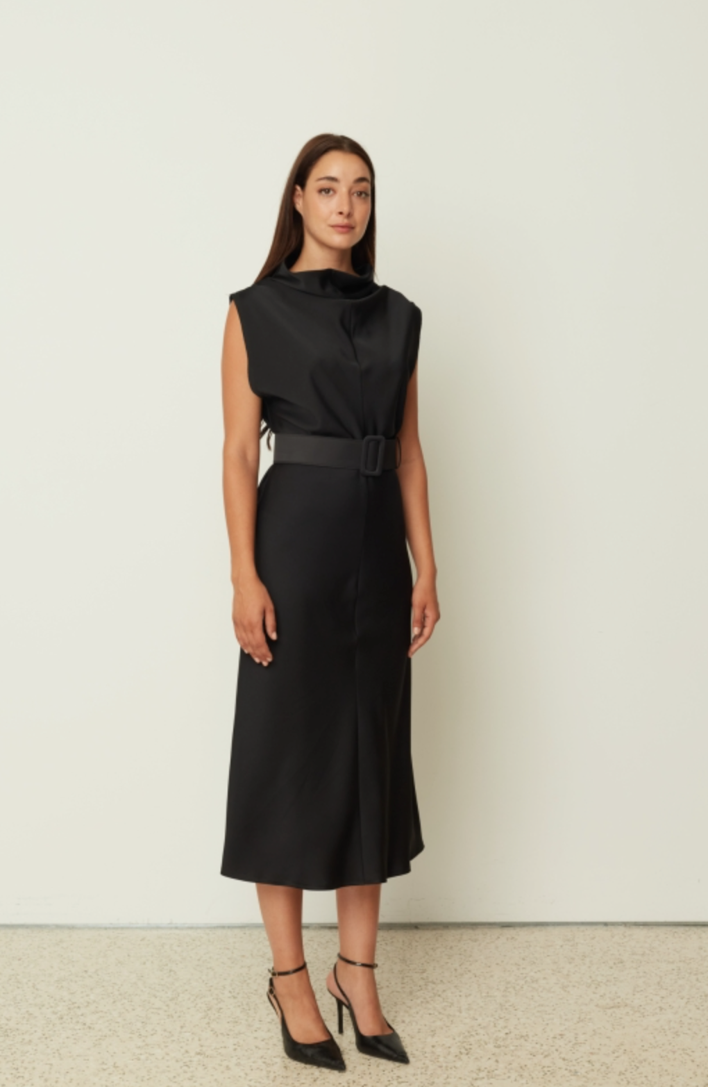 Satin High Neck Dress with Belt