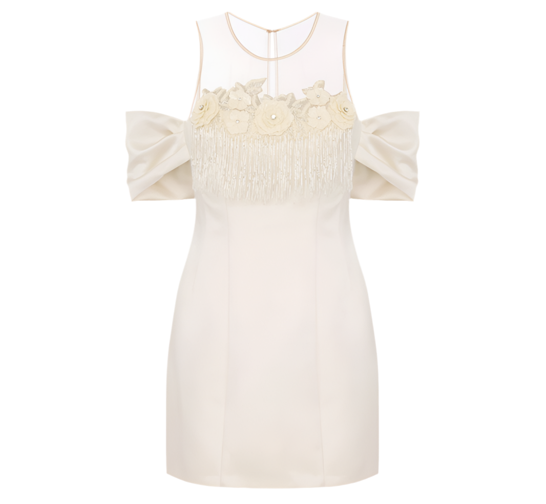 Dress in duchesse satin and tulle with floral embroideries