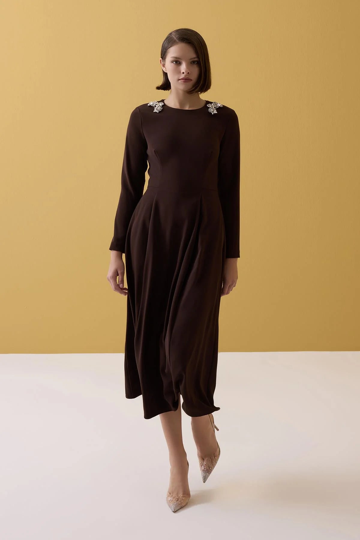 Long sleeve dress with crystals on shoulder