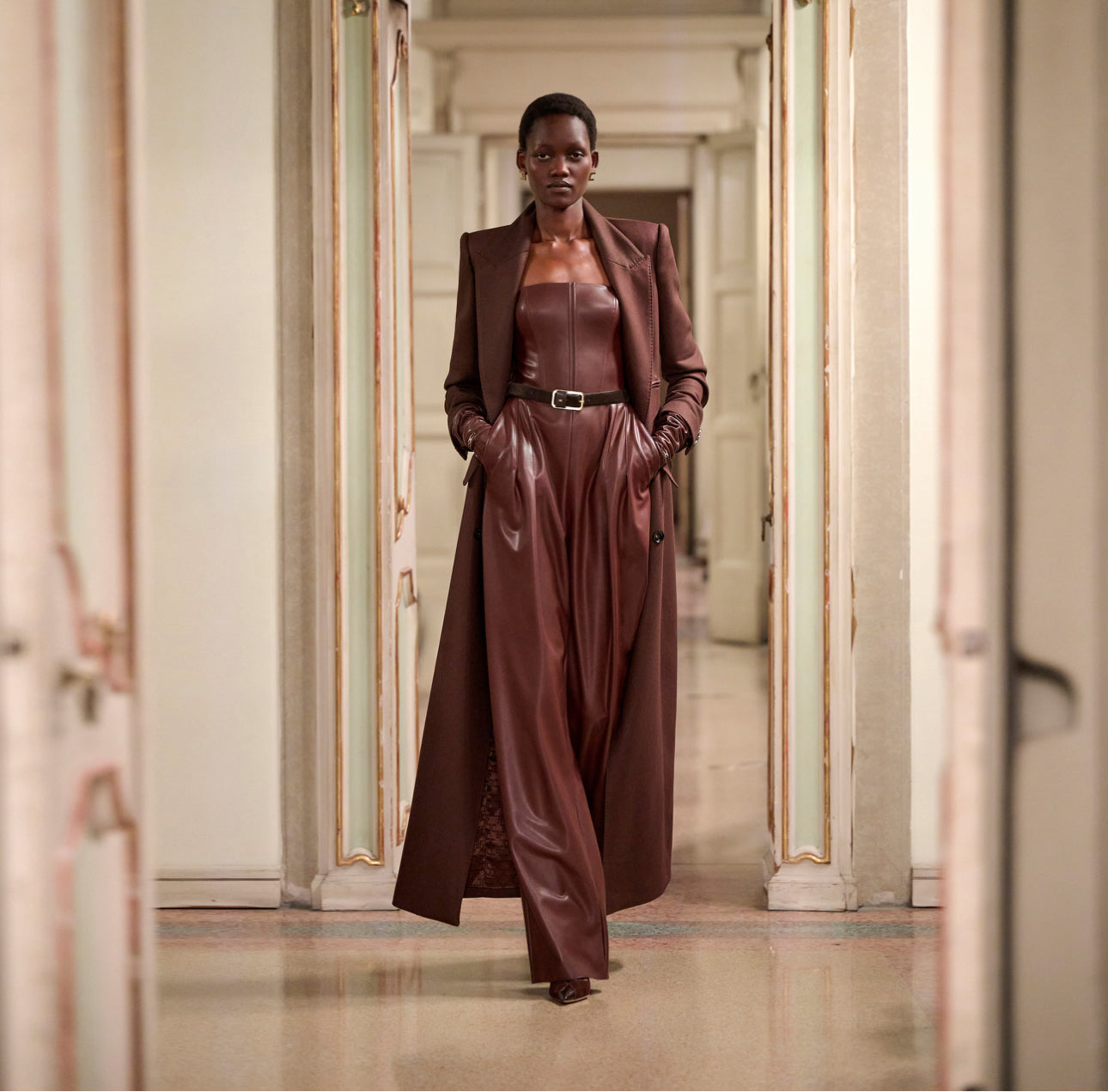 Bustier jumpsuit with nappa leather texture