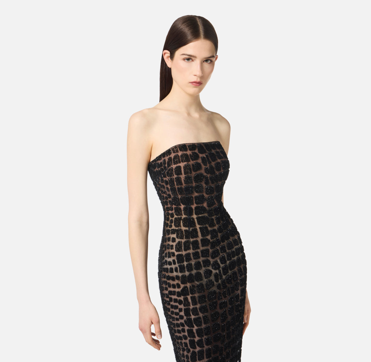 Dress in tulle fabric with crocodile embroideries