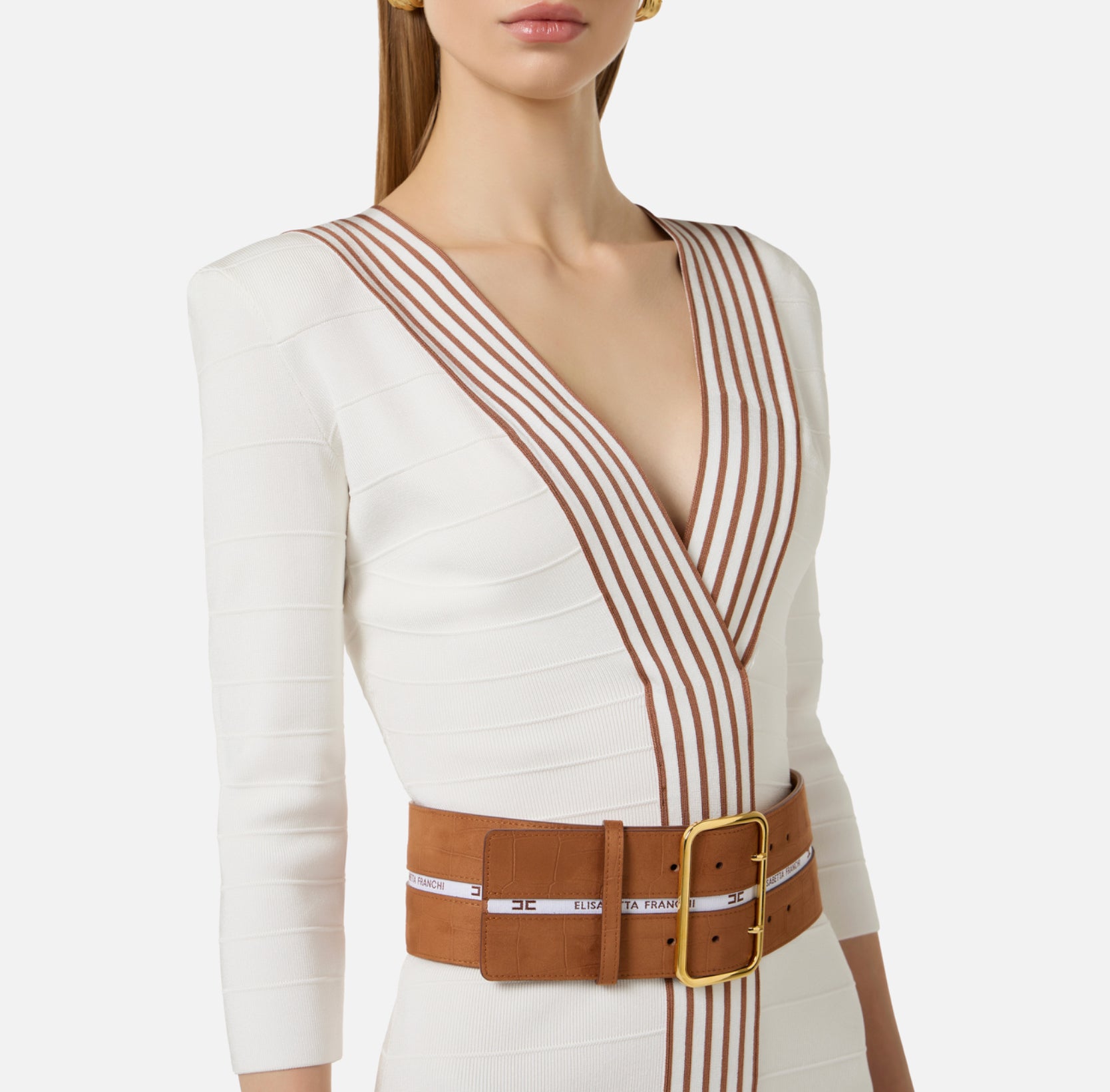 Knit fabric dress with striped bands