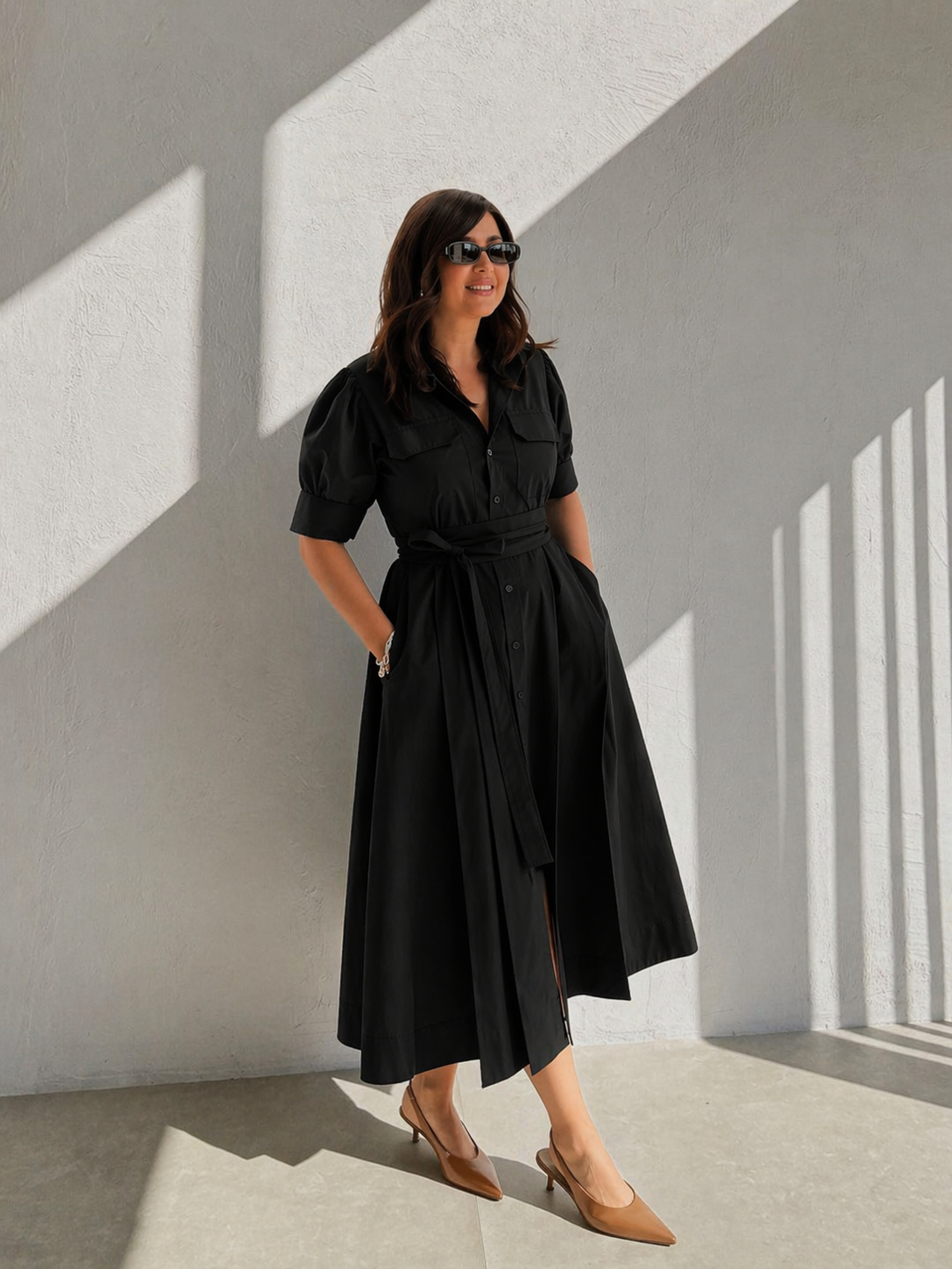 Belted Shirt Midi Dress