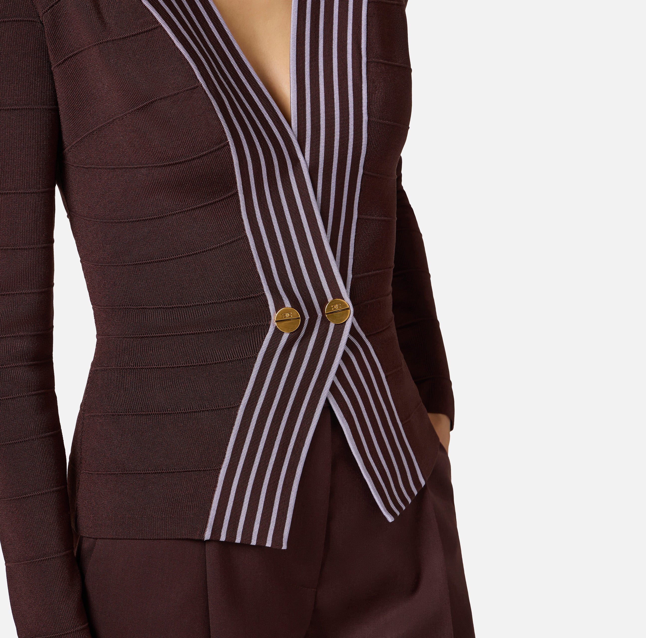 Knit fabric top with striped bands