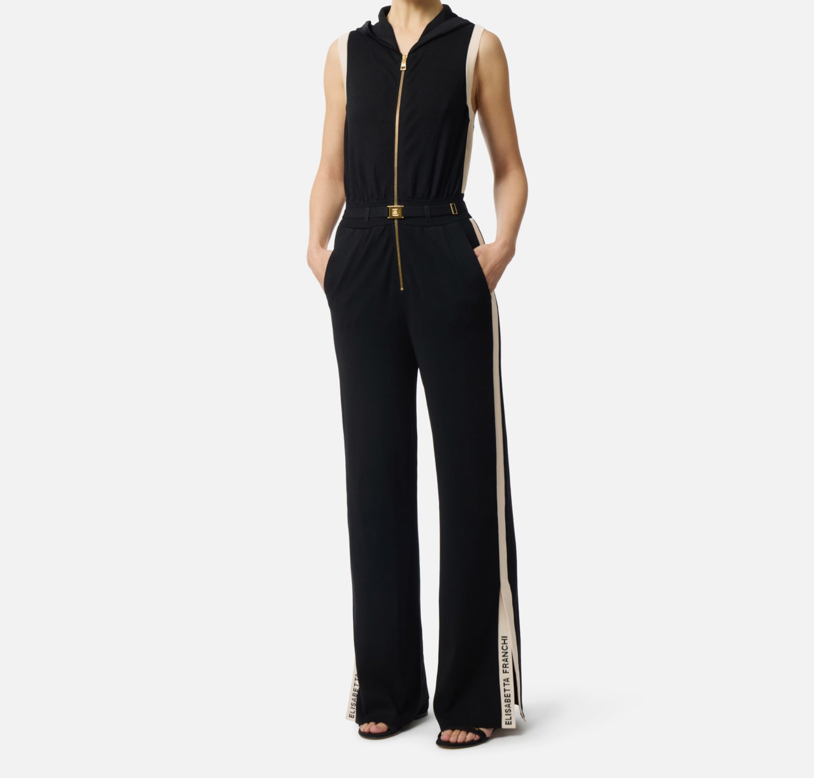 Knit fabric jumpsuit with shiny viscose bands