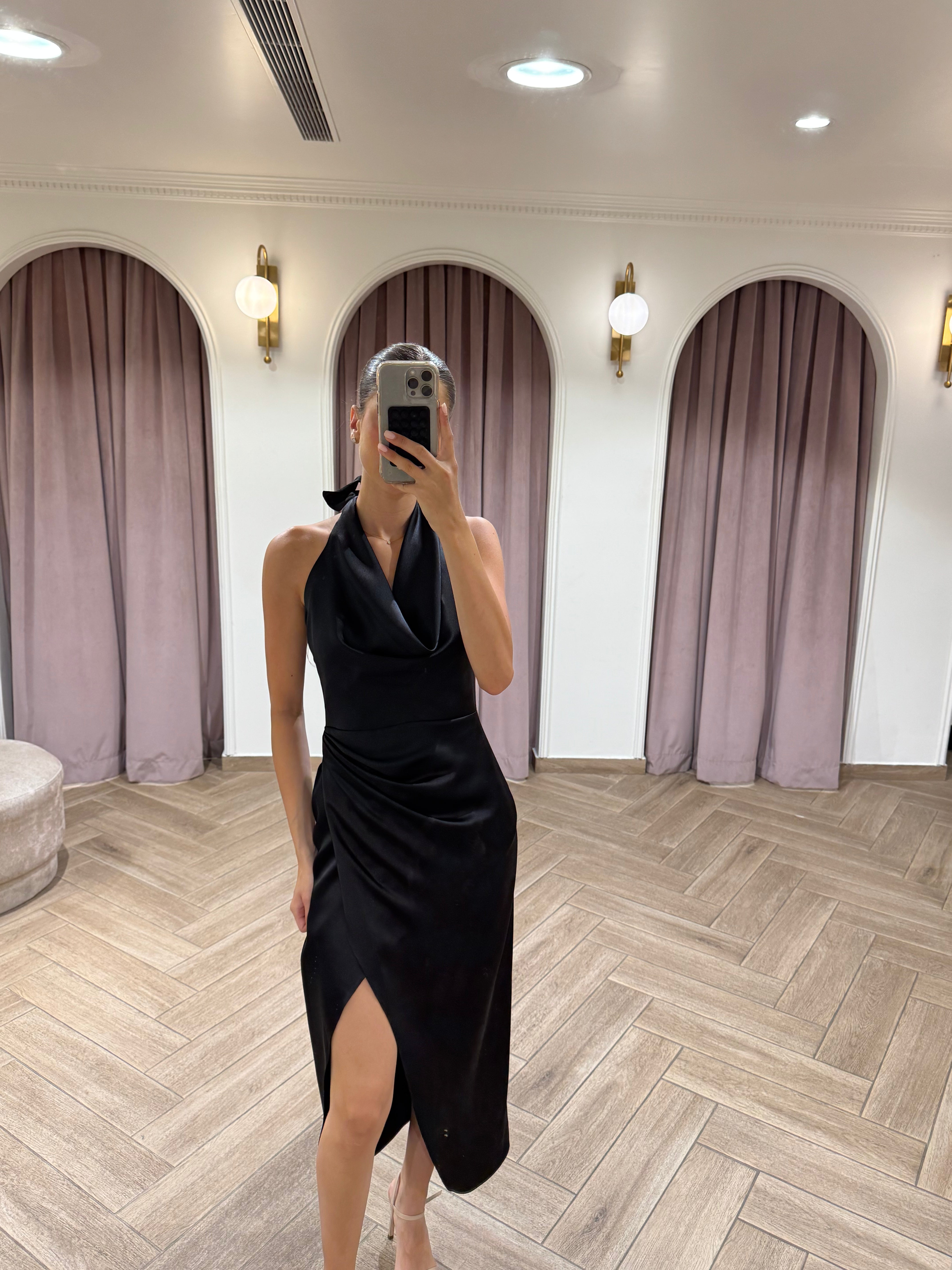 Halter Neck Cowl Neck Satin Midi Dress