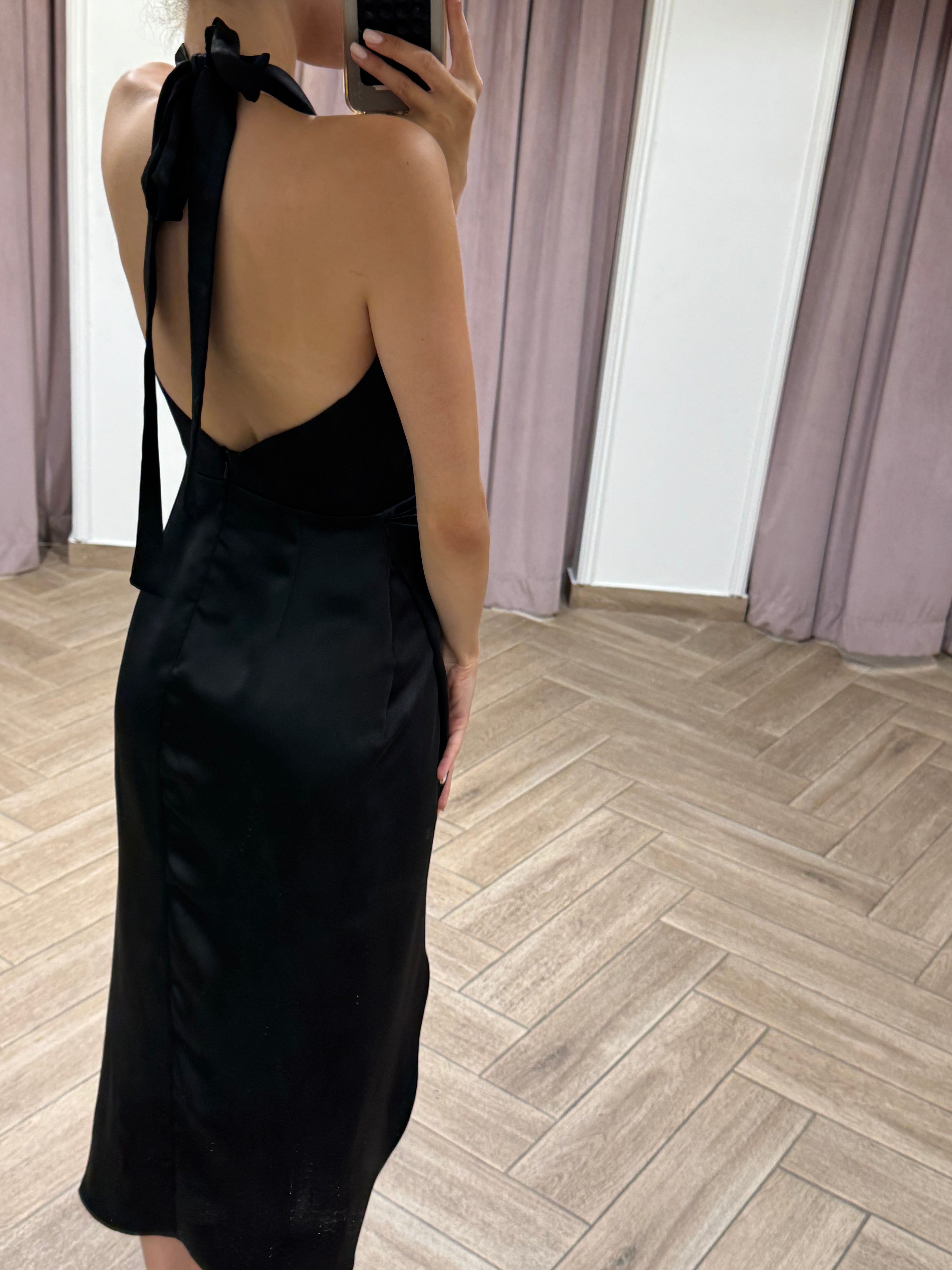 Halter Neck Cowl Neck Satin Midi Dress