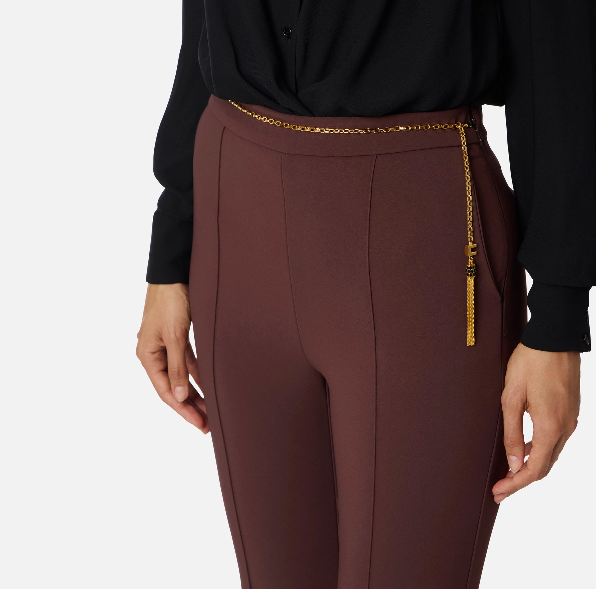 Trousers in lightweight crêpe fabric with jewel chain