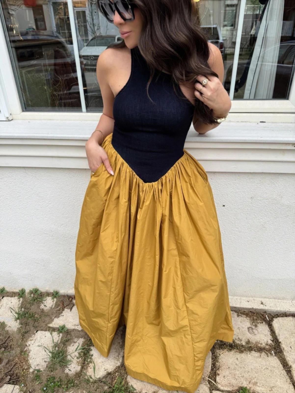 Contrast Waist Midi Dress