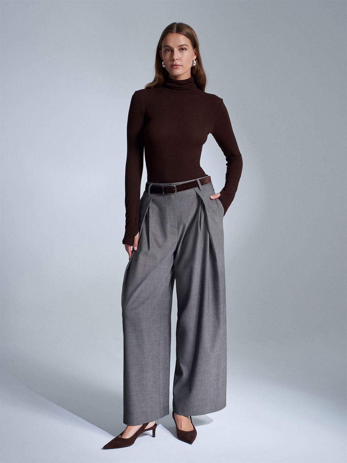Wide Trousers with Brown Belt