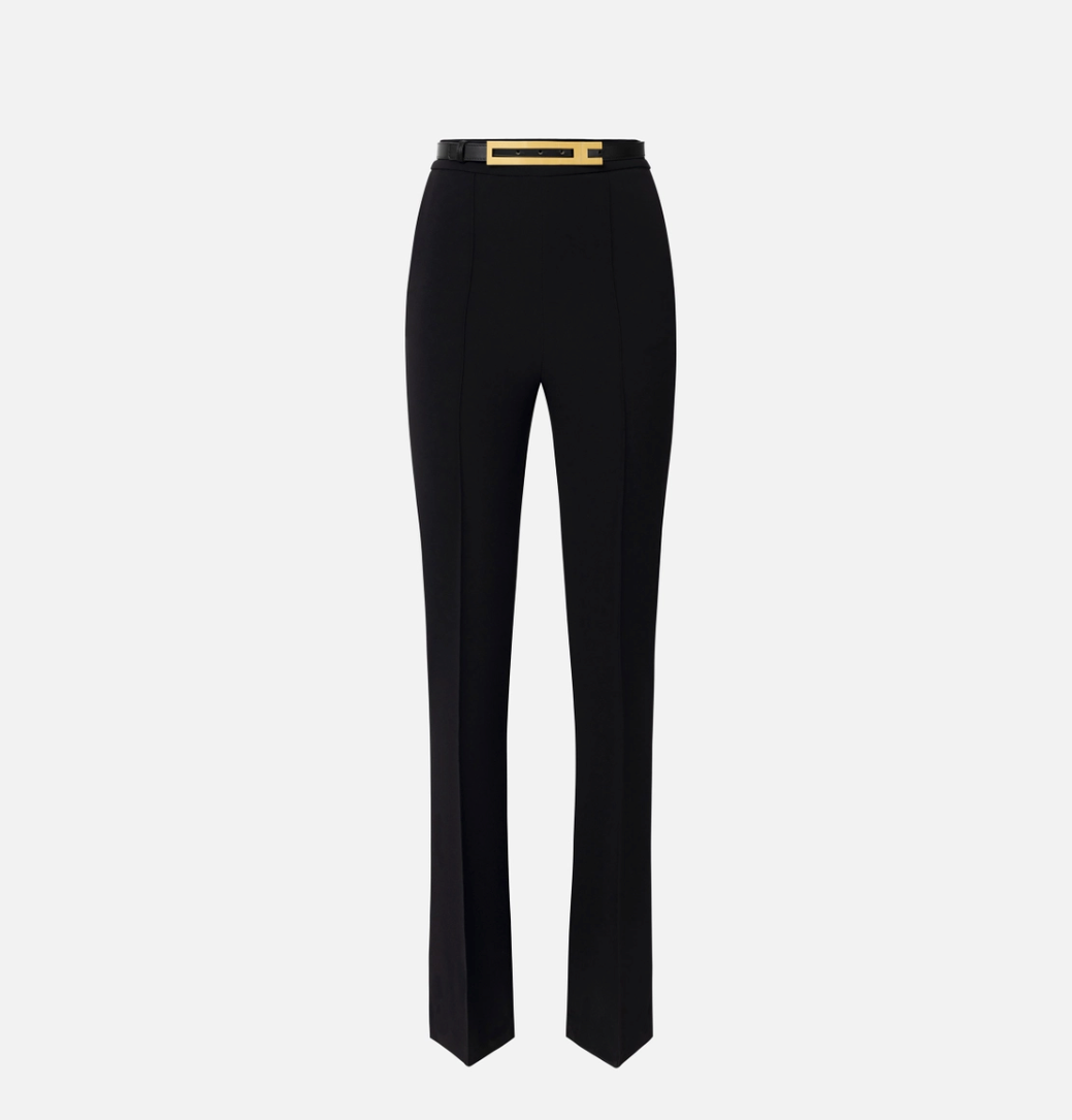 Straight trousers in stretch crêpe fabric with belt