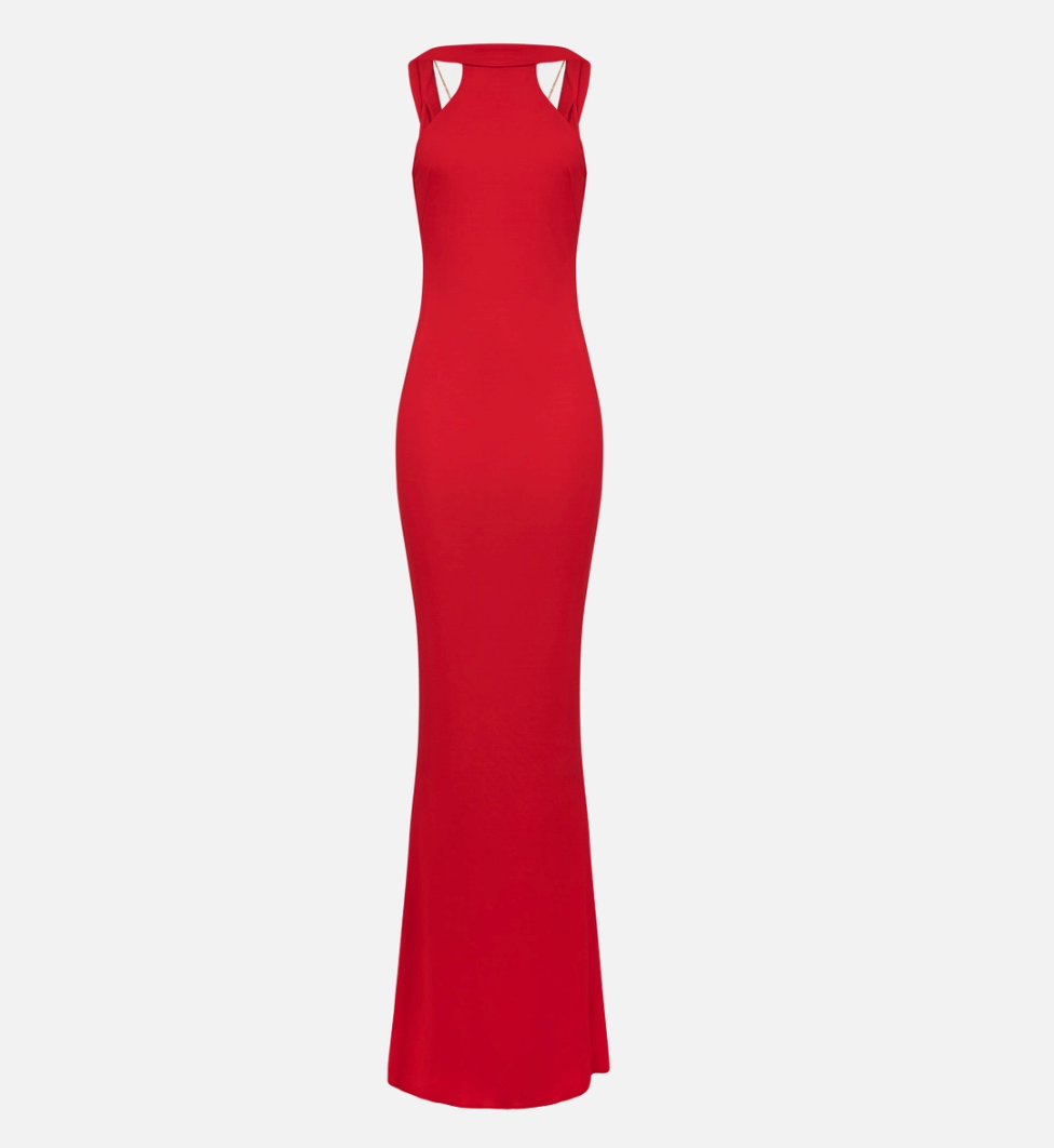 Red carpet dress in jersey with necklace on the back