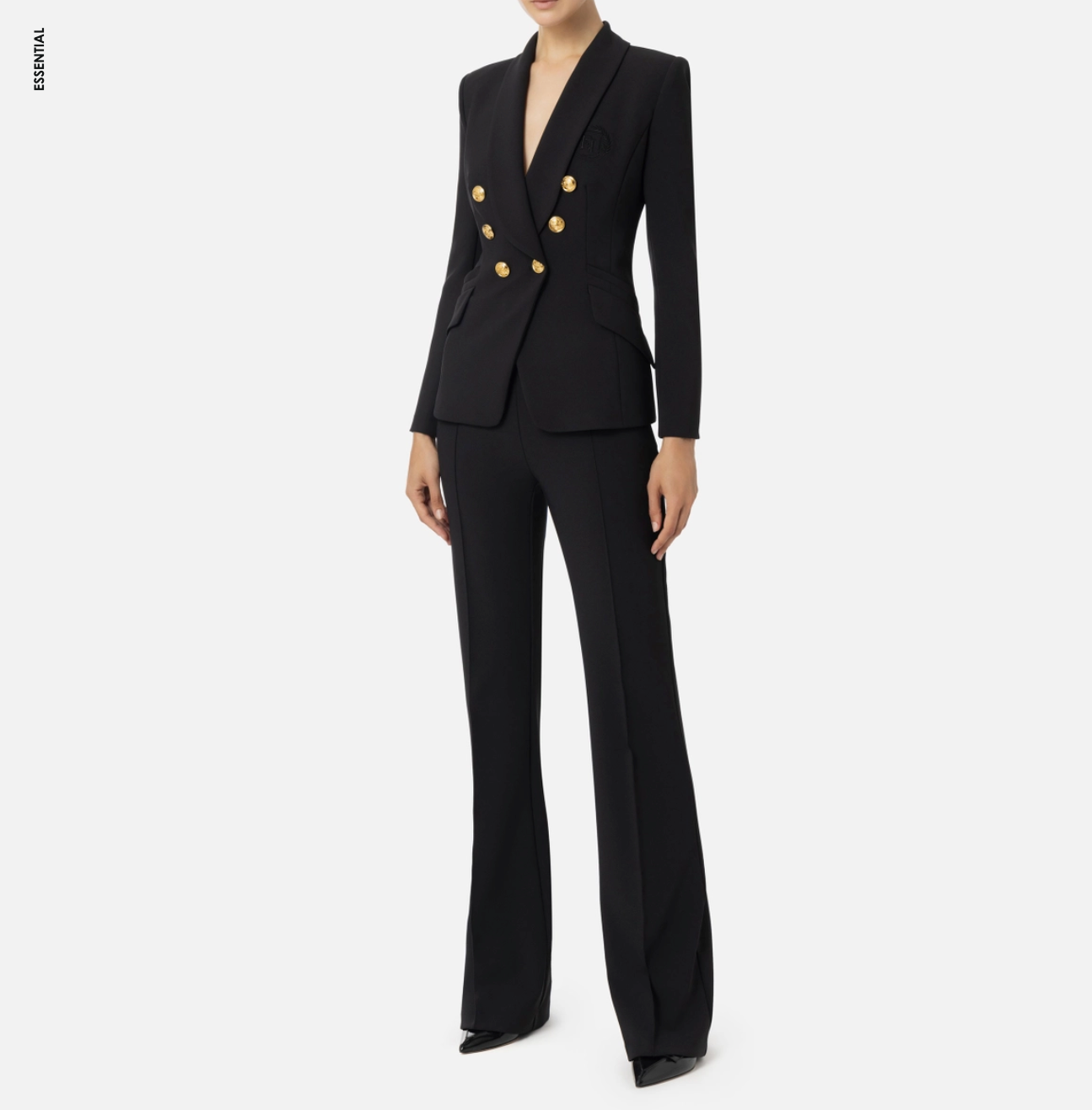 Double layer stretch crêpe suit with shawl jacket and palazzo trousers