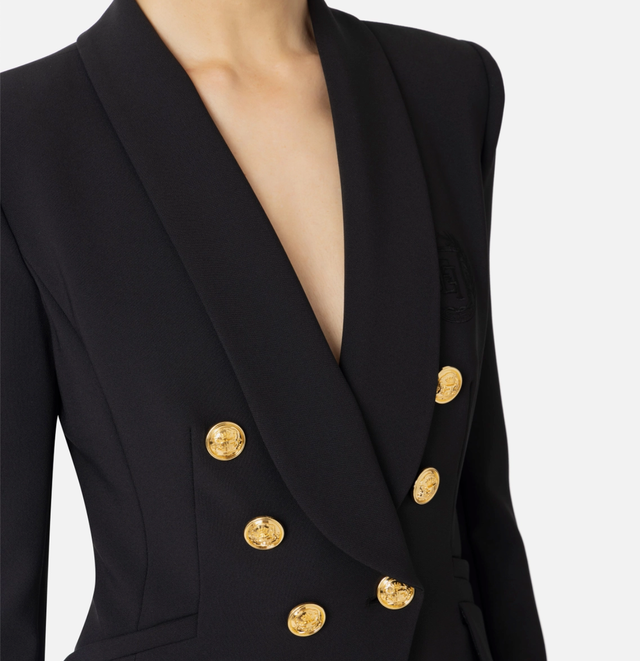 Double layer stretch crêpe suit with shawl jacket and palazzo trousers