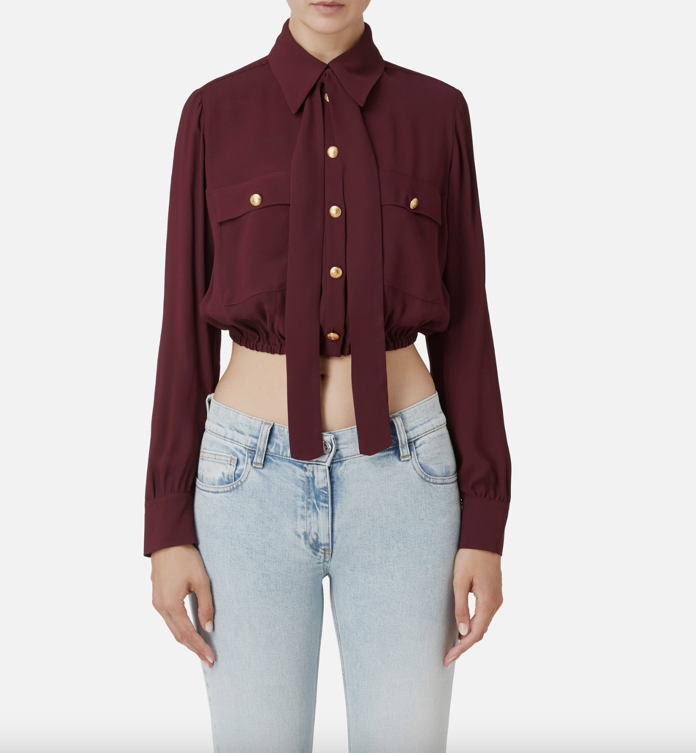 Cropped blouse in georgette fabric with foulard scarf neck