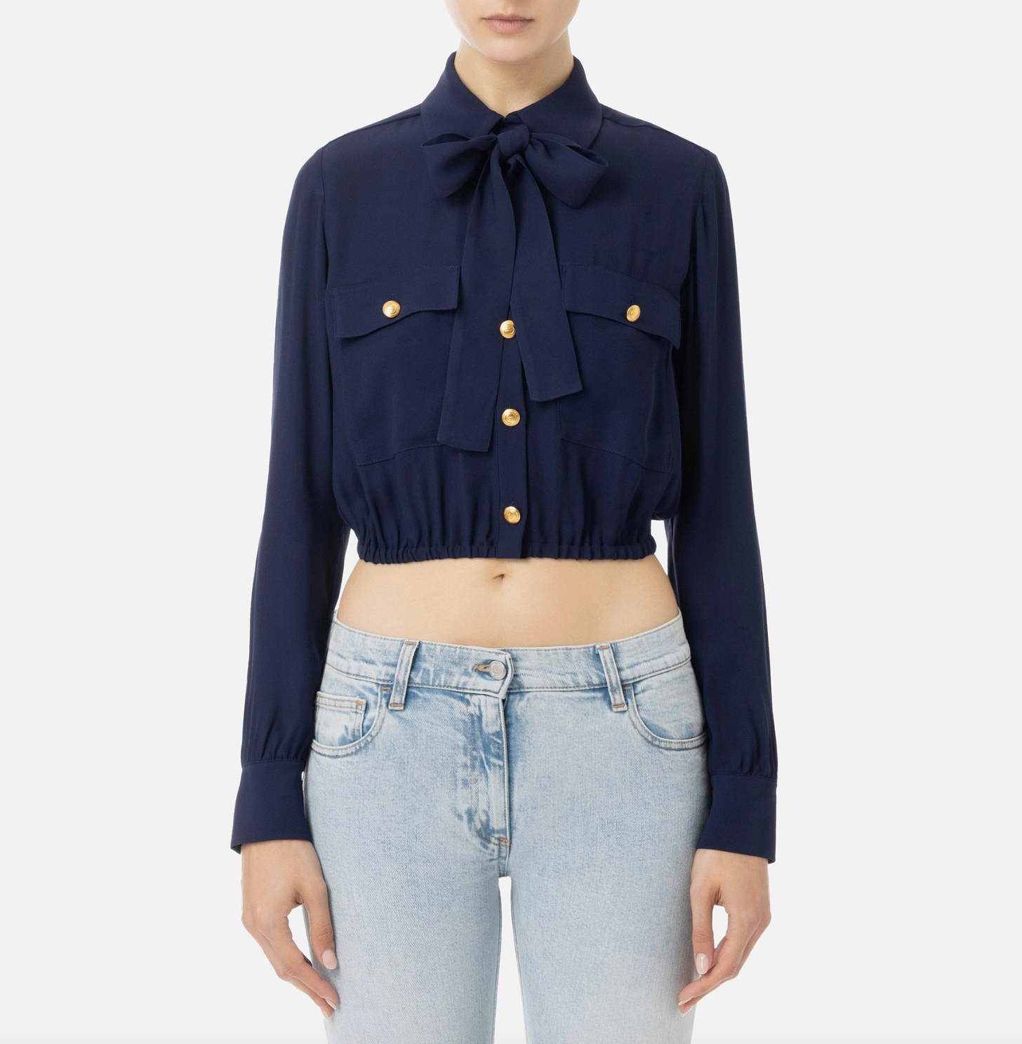 Cropped blouse in georgette fabric with foulard scarf neck
