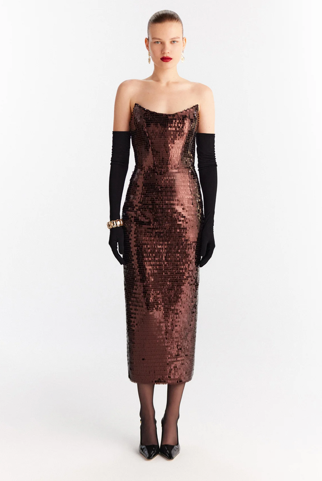 strapless sequined brown dress
